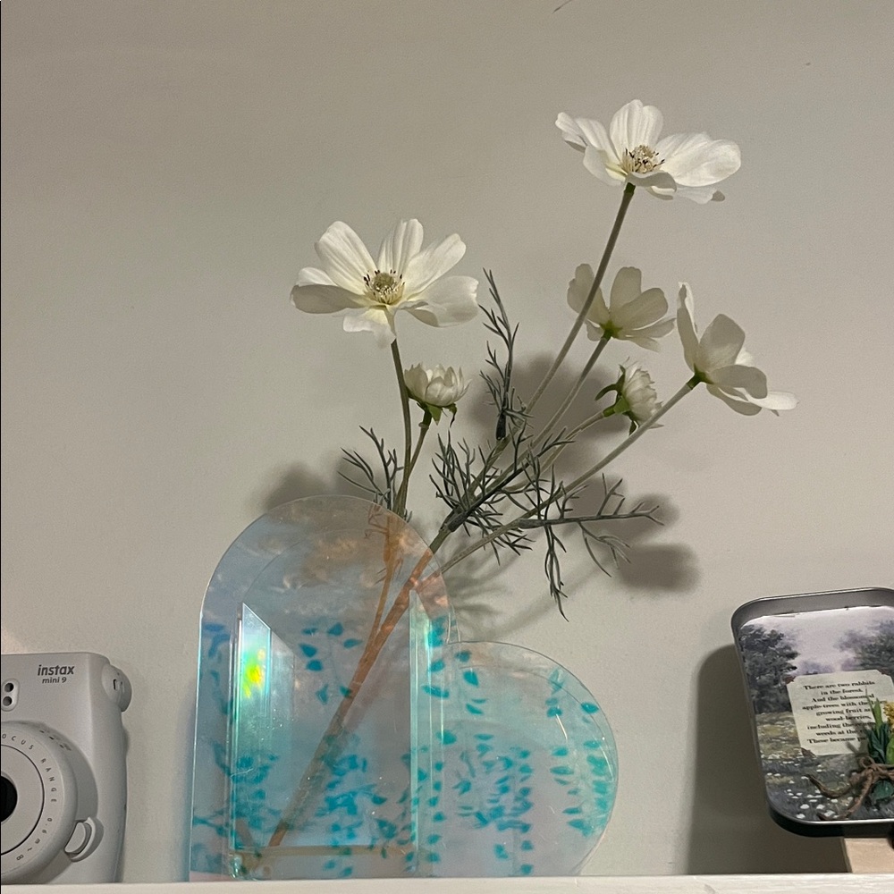 Marshalls White Cosmos Faux Flowers in Blue Heart Vase